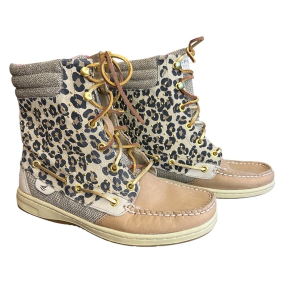Sperry Women’s Sz 6.5 Hikerfish Boots Tan Leopard Leather Gold Studded Lined NEW - Picture 2 of 7